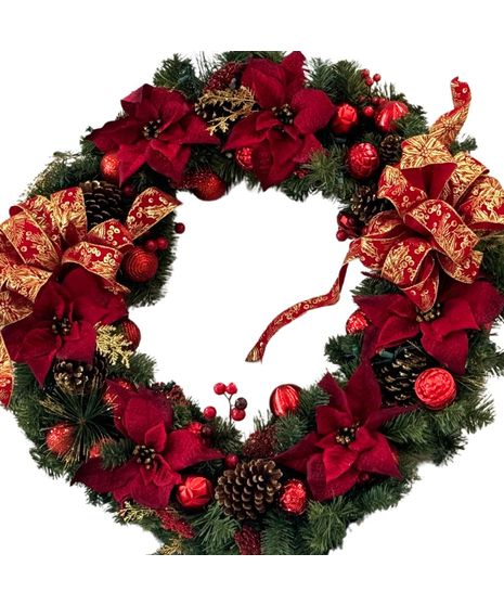 carnation, roses, christmas greens, pine cones, cinnamon, plaid ribbon, wicker basket