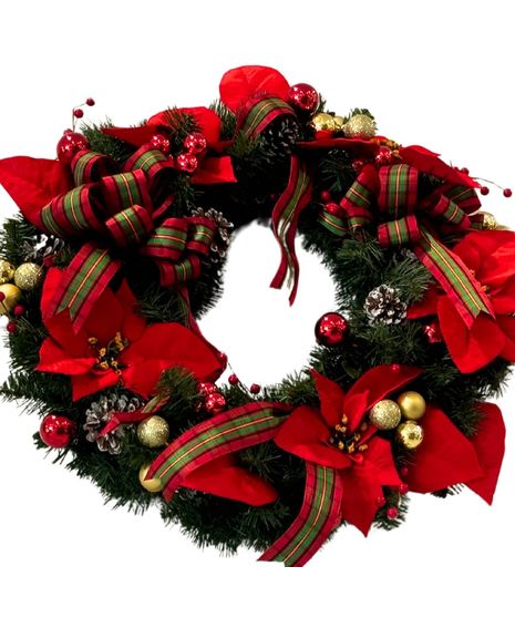 carnation, roses, christmas greens, pine cones, cinnamon, plaid ribbon, wicker basket