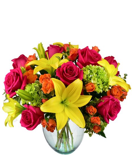 pink roses, yellow lilies, orange spray roses and green hydrangea