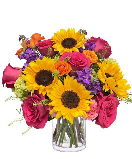 Brightly colored hydrangeas, roses and sunflowers.