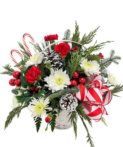 carnation, roses, christmas greens, pine cones, cinnamon, plaid ribbon, wicker basket