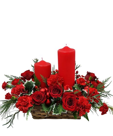 carnation, roses, christmas greens, pine cones, cinnamon, plaid ribbon, wicker basket