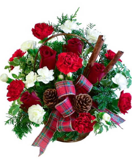 carnation, roses, christmas greens, pine cones, cinnamon, plaid ribbon, wicker basket