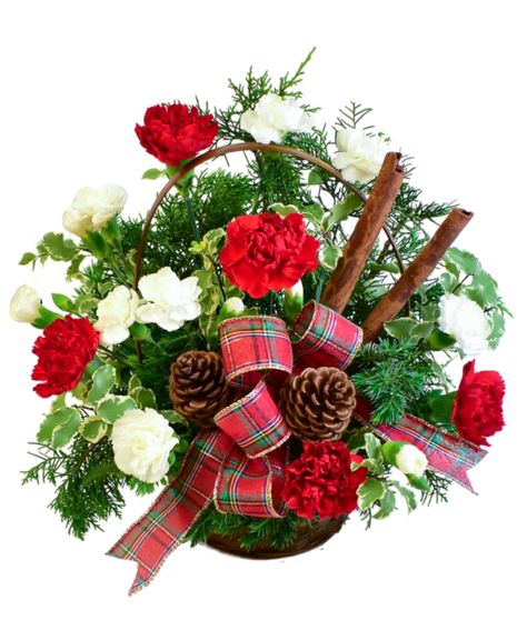 carnation, roses, christmas greens, pine cones, cinnamon, plaid ribbon, wicker basket