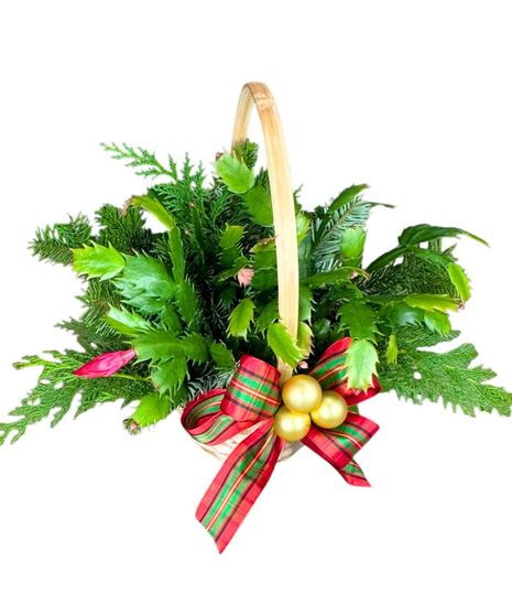 carnation, roses, christmas greens, pine cones, cinnamon, plaid ribbon, wicker basket