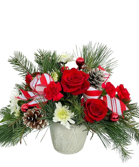 carnation, roses, christmas greens, pine cones, cinnamon, plaid ribbon, wicker basket