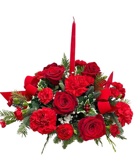 carnation, roses, christmas greens, pine cones, cinnamon, plaid ribbon, wicker basket