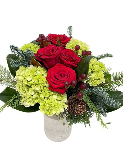 carnation, roses, christmas greens, pine cones, cinnamon, plaid ribbon, wicker basket