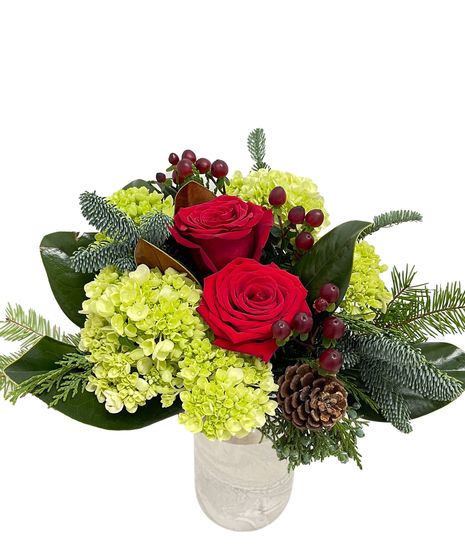 carnation, roses, christmas greens, pine cones, cinnamon, plaid ribbon, wicker basket