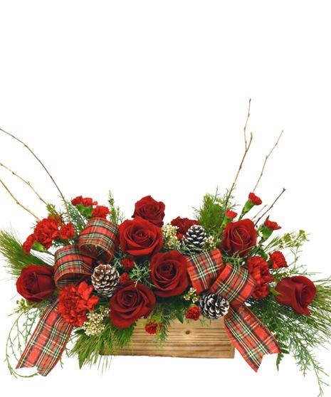 carnation, roses, christmas greens, pine cones, cinnamon, plaid ribbon, wicker basket