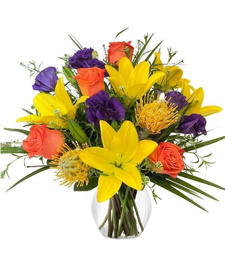 orange roses, yellow lilies, protea, purple lisianthus