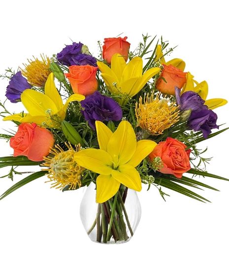 orange roses, yellow lilies, protea, purple lisianthus