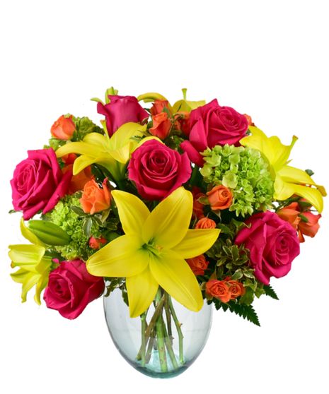 pink roses, yellow lilies, orange spray roses and green hydrangea