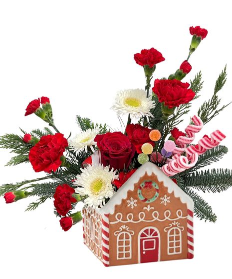 carnation, roses, christmas greens, pine cones, cinnamon, plaid ribbon, wicker basket