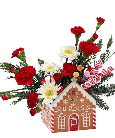 carnation, roses, christmas greens, pine cones, cinnamon, plaid ribbon, wicker basket