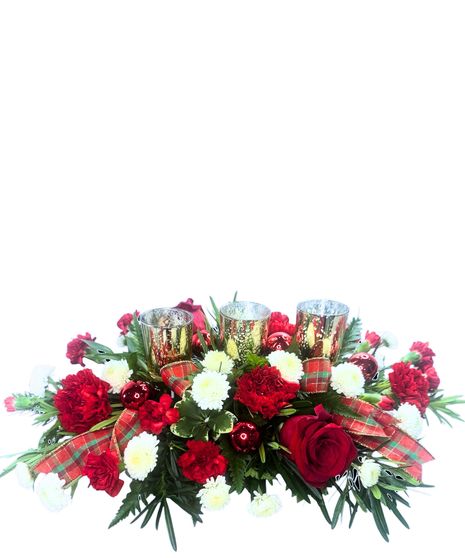 carnation, roses, christmas greens, pine cones, cinnamon, plaid ribbon, wicker basket